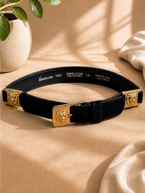 Vermillion Black Suede Belt Gold Lion Buckle Made in Canada Old Money Vintage